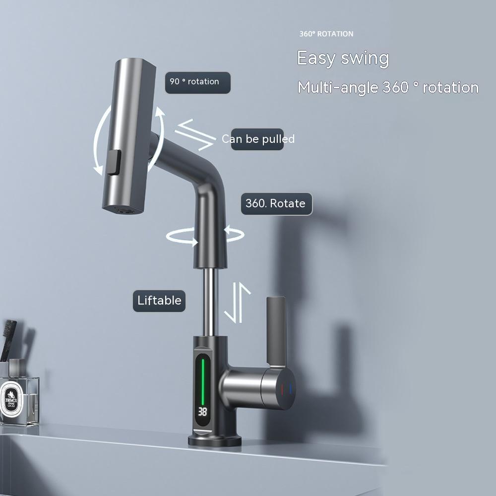 Smart Digital Pull-Out Faucet with Temperature Display and Rotating Spout