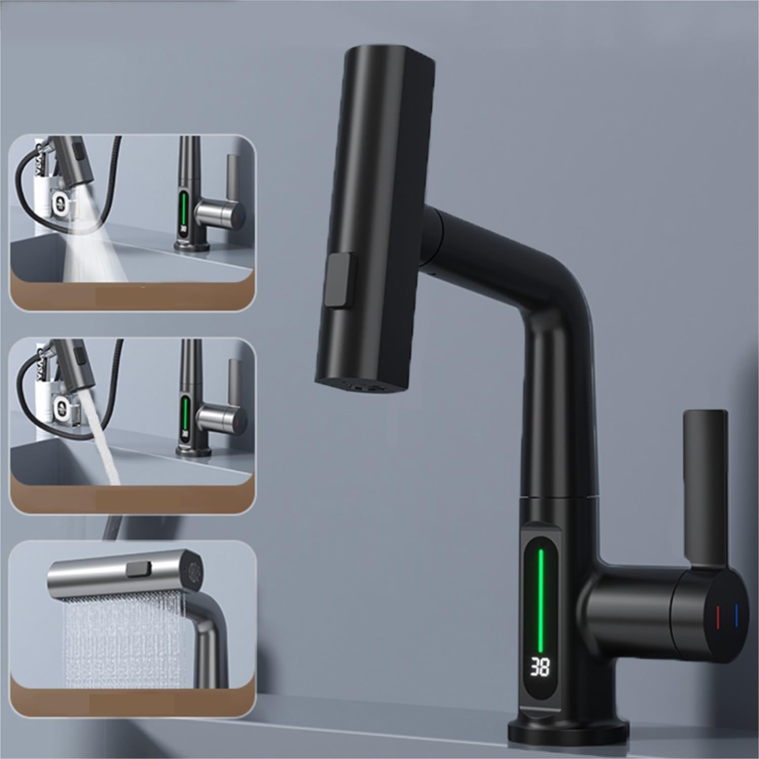 Smart Digital Pull-Out Faucet with Temperature Display and Rotating Spout