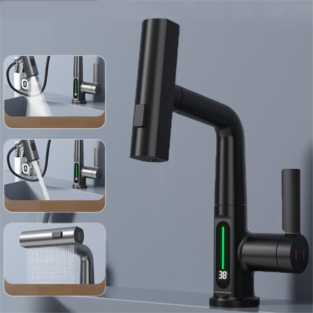 Smart Digital Pull-Out Faucet with Temperature Display and Rotating Spout